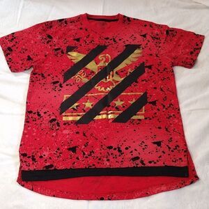 Y2K Encrypted Red Black Paint Splatter Metallic Eagle Print Shirt Men's XL